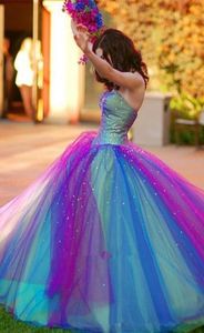 New Blue and Purple Rainbow Ball Gown Quinceanera Dresses with Sweep Train Beaded Prom Sweet 16 Quinceanera Party Gowns B1993187879