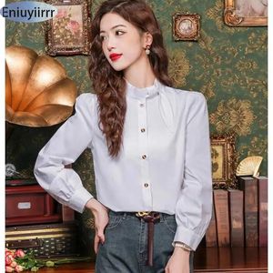 SXL Women Summer Summer Manga curta Office elegante senhora Basic White Sirts Casual Loose Retro Retage Ribbon Tops Bloups 240407