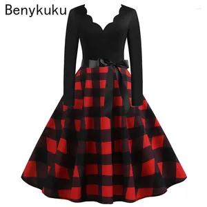 Vestidos casuais Mulheres estampas xadrezas de manga longa 2024 Sping feminino Clothing Festa de Natal vintage Pin Up Rockabilly Robe Femme S-3xl