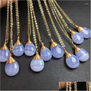 Charms Natural Blue Lace Agate Copper Wire Teardrop Pendant Crystal Carving Polishing Mature Charm Jewelry Birthday Present 1Pcs Drop Otew3