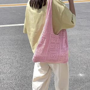 Shoulder Bags Retro Ethnic Summer Beach Bag Hand Knitted Hollow Out Handbag For Women Mesh Shopper Large Capacity Storage