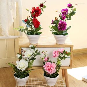 Dekorative Blumen Große künstliche Rosenrotenpflanze 4 Köpfe Seidenblumblüte Bonais für Hochzeitsfeier Dekoration Desktop Home Ornament