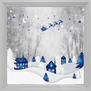Naklejki okienne Kizcozy Blue and White Snow Village w zimie z naklejką Świętego Mikołaja dekoracyjna witraże