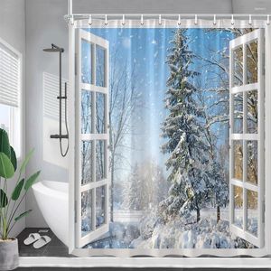 Duschvorhänge Winter Landschaftswaldbaum Zedern weiße Fenster natürliche Schneeszene Bad Vorhang Stoff Badezimmer Dekor mit Haken