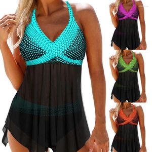 Women's Swimwear Women Two-piece Swimming Clothes Set V-neck Sleeveless Variegated Color Tops And Panties Lake Blue/ Green/ Orange/ Purple