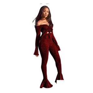 Womens Two Piece Pants Set Tracksuits Women Off Shoder Long Sleeve Y Crop Top Elastic High Waist Flare Party Outfits Blue Drop Deliver Dhzzr