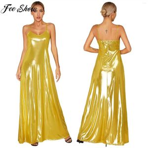 Casual Dresses Womens Metallic Shiny Slip Dress Sleeveless Backless Maxi Wedding Birthday Party Prom Evening Dating Club Cocktail Gown