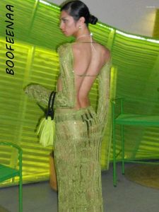 Casual Dresses BOOFEENAA Long Sleeve Backless Maxi Crochet Beach Party Outfits Vacation Hollow Out Green Knit Sweater Dress C157-EG30