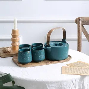 TeAware Setleri 5 PCS Basit Sanat Seramik Koyu Yeşil Altın Rim Çay Seti Mat Çay Bardağı Tepsi Avrupa Tarzı Ev Ofisi One Pot 4 Subs