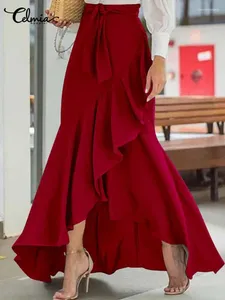 Kjolar celmia mode asymmetriska ruffles kjol kvinnor elegant hög midja faldas streetwear ol fishtail long jupes slips
