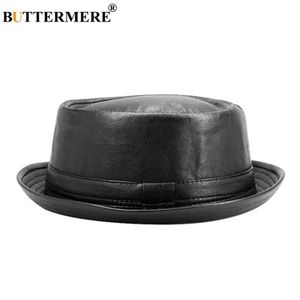 Chapéus largos Borda de bucha Buttermere Men Black Leather Trilby Hat masculino Fedora Cap Retro Mulheres Autumn Marca Porkpie Mens Vintage Jazz Q240403