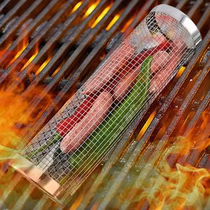BBQ Basket Fish Meat Food Picnic Grill Set Wire Mesh Cylinder Camping Cookware Outdoor Grilling Tools 240402