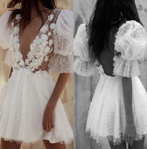 Chic White Prom -klänningar med korta ärmar Lyxpärlor Sexig Deep V Neck Backless Tulle A Line Handgjorda blommor Cocktail P4761939