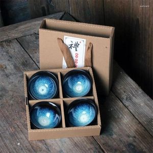 TEAWARE SETS 4st/Lot Ceramic Kiln Change Small Tea Bowl Porcelain Temmoku Glaze Master Cup Set Chinese With Present Box