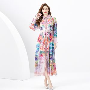 Vacker Maxi Flower Cocktail Cardigan Dress Designer Women Knapp långärmad skjortor Klänningar Stand Collar Ladies Belt Casual Party Beach Resort Robes Clothes