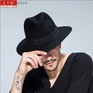 Breda brimhattar Bucket Mens Wool kände British Panama Jazz Hat Fedora Black Wide Brown Classic Triangular B-1509 YQ240407