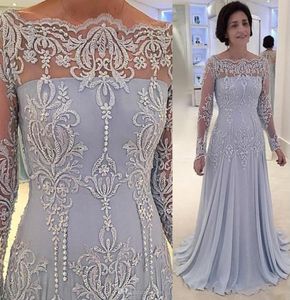 2021 Vintage Sky Blue Mother of the Bride Dresses Off Axel Embroidery Lace Appliques Långa ärmar Plus Size Party Dress Weddin1518957