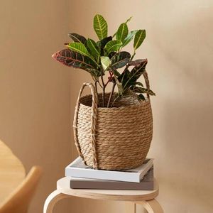 Vases Flower Pot Natural Straw Basket With Handle Handmade Woven Planter Laundry For Strong Load-bearing Decorative Use