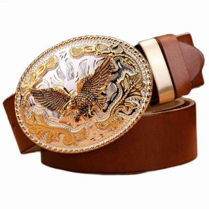 Bälten Golden Eagle Buckle Full Grain True Leather% äkta Leather Eagle Mens Belt Luxury High Quality Camel Brown Denim Womensc240407