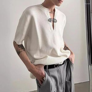 Men's T Shirts Classic Solid Color Knitted Men Fashion Metal Button Design V Neck T-shirt Summer Mens Vintage Knitwear Male Streetwear