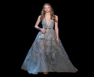 Elegant Elie Saab Dresses Evening Wear Plunging Neck Lace Formal Dress Illusion Bodice Floor Length A Line Sequined Red Carpet Gow4435815