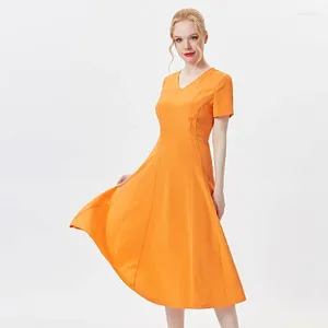 Платья для вечеринок 36 м/м шелк хорошего качества оранжевый v-образец a-line офисная женщина Женщина короткие рукава лето макси для A9282