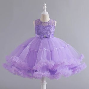 Little child dress one to five years old dinner performance piano violin flower sleeveless mesh shaggy s 240326