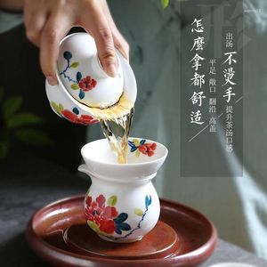TeAware Setleri Jingdezhen El Yapımı Santai Gaiwan Çay Kupası Beyaz Porselen Tek El Boyalı Şakayık Seramik Kase Seti Takım