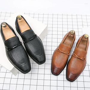 Casual Shoes Genuine Leather Men's Business Loafers British Woven Square Toe Polished Simple Slip-on Driving Wedding