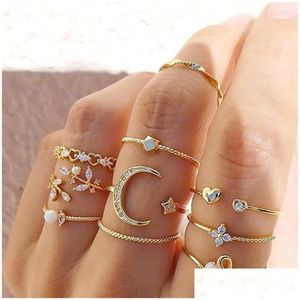 Cluster Rings Bohemian Midi Knuckle Ring Set For Women Crystal Stars Moon Flower Love Crescent Geometric Finger Vintage Jewel Drop D Otckb