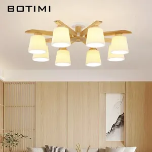 Chandeliers BOTIMI Solid Wood Chandelier With Fabric Lampshades For Living Room Modern Wooden Bedroom LED Lustres Dining Lights