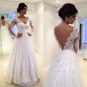 Abiti abiti da sposa boutique con maniche lunghe Appliques in pizzo corpetto senza schiena Abito da sposa a Viete Vietido De Noiva