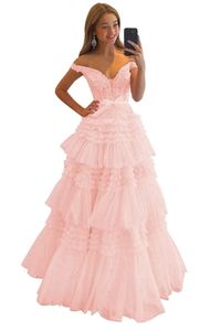 Off-the-Shoulder Long Prom Dresses Tiered Deep V-Neck Ball Gown Tulle Bow Appliques Plus Size Formal Occasion Evening Party Gown Pd07