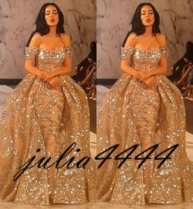 Evening Dresses 2019 Yousef Aljasmi Dubai Arabic Short Sleeve Off Shoulder Prom Dress Party Gown Sequined Lace Overskirt Ball Gown6913603