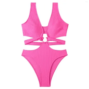 Kvinnors badkläder Bikini 2024 Kvinnor Solid Color Pit Stripes Cirkel One Piece Swimsuit Sexig mode Tre Point Beach