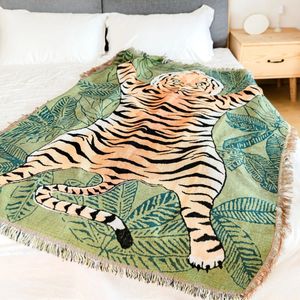 Textile City Ins Cartoon Leaf Tiger Throw Blanket Nordic Home Decorate Sofa Cover Knitted Tassel Tapestry Camping Picnic Mat 240326
