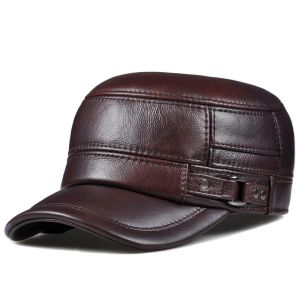 Winter echte Ledermütze Männer flache Kappen warmer Armee Militärhut Eleganter Mann Baseball Cap Britische Vintage Cowhide Lederhut