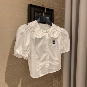 Cropped Women Blouse White Short Sleeve Shirts Letter Embroidered Tops Luxury Designer Lapel Neck Shirt