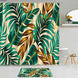 Cortinas de chuveiro 2pcs Green amarelo folha de palmeira plantas tropicais folhas coloridas banheiros não deslizamentos de pano de tapete de banho decoração