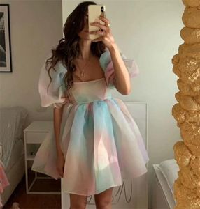 Tiedyed Rainbow Organza Dress Aline Puff Sleeve Cute Summer for Women Tokater Short Party Holiday 2105149944784