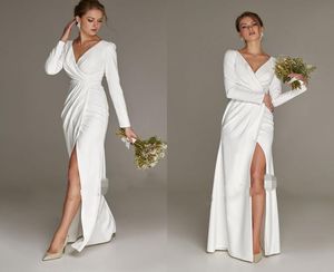Simple Mermaid White Slit Wedding Dress For Woman With Long Sleeves Civil Bridal Party Gown Slim V Neck Elegant Robe De Mariage 203914747