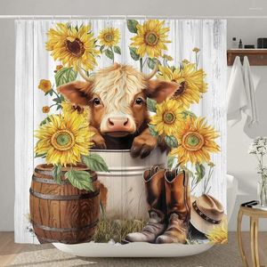 Cortinas de chuveiro Highland Cow Curtain Farmhouse Funny Bull Rússico Oeste aquarela Spring Florral Cute Animal Planta Crianças Decoração do banheiro