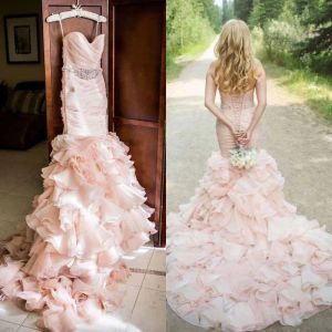 Dresses Gorgeous 2016 Blush Pink Organza Mermaid Wedding Dresses Cheap Spaghetti Ruched Ruffles Fish Tail Chapel Bridal Gowns Custom Made