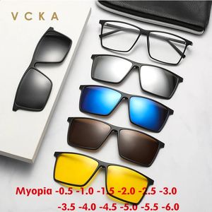 VCKA Big Square Myopia Sunglasses Men Polarized 6 In 1 Women Optical Magnetic Clip on Prescription Glasses Frame -0.5 TO -10 240401