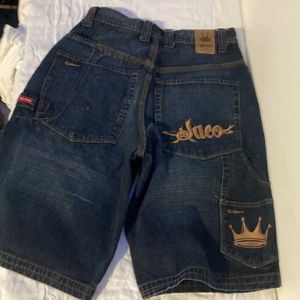 Mens 반바지 JNCO 기하학적 크라운 패턴 디자인 남성 높은 허리 데님 반바지 y2k 힙합 트렌드 레트로 캐주얼 전체 일치하는 포켓 스웨터 J240407