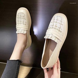 Casual Shoes British Plaid Small Leather For Women 2024 Flats Shallow Slip On Loafers Square Toe Thick Heels Oxfords Woman Plus Size