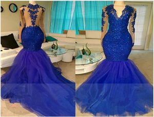 Vneck RoyalBlue Mermaid Dress Dress Badings lantejous Tulelle Apliques Longsleeve baile vestidos ilusão de volta