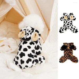 Dog Apparel Pet Jumpsuit Fashionable Cow Leopard Pattern Overall With Plush Ear Hat Winter Warm Clothing