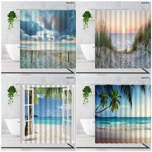 Shower Curtains Seaside Palm Trees Beach Ocean Sea Wave Hawaiian Scenery Fabric Print Bathroom Decor Bath Curtain Set With Hooks