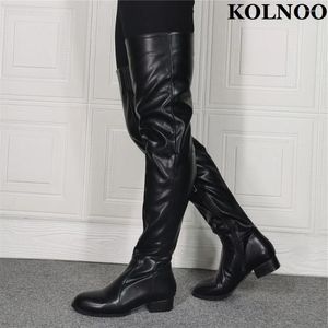 Boots Kolnoo Real Pos Women Block Heel Over Knee Sexy Evening Xmas Party Prom lårhög Black Fashion Winter Shoes